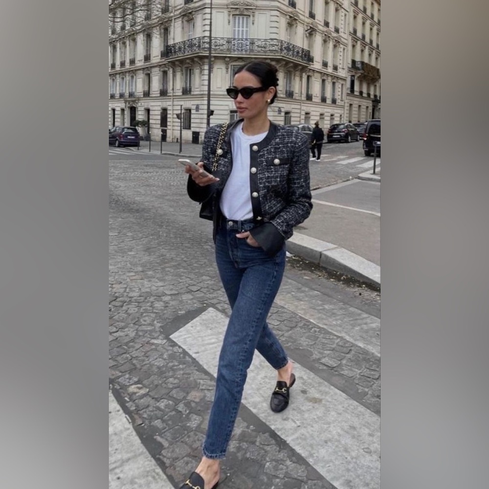 La Semaine Paris Navy White Tweed Jacket with Leather Trim